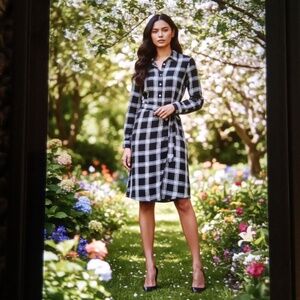 UNTUCKit Tessa Black N White Plaid Wrap Shirt Dress Viscose Office Womens 6